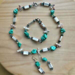 Artisan Jewelry Four Item Set Necklace 19 Inch Earrings Bracelet Turquoise Beads
